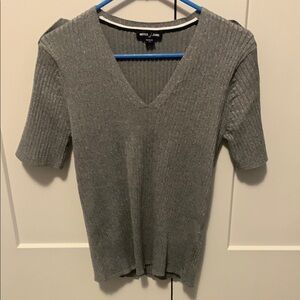 Gray V-Neck Ribbed Short Sleeve Top